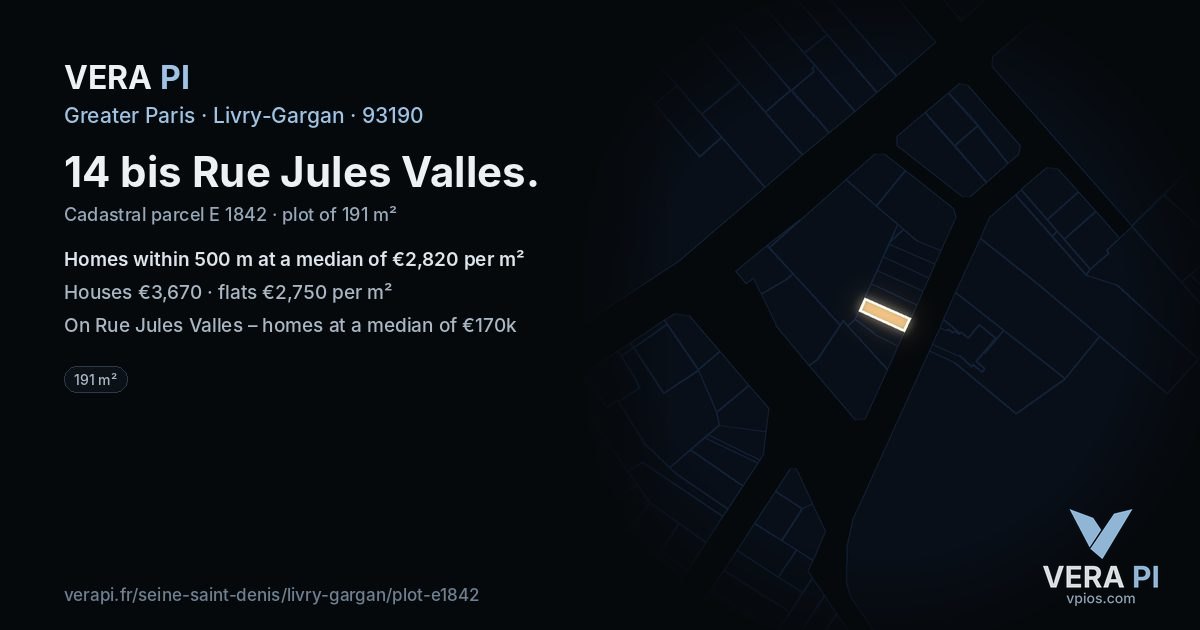 14 bis Rue Jules Valles, Livry-Gargan at night – the plot lit, the parcels around coloured by the prices near them
