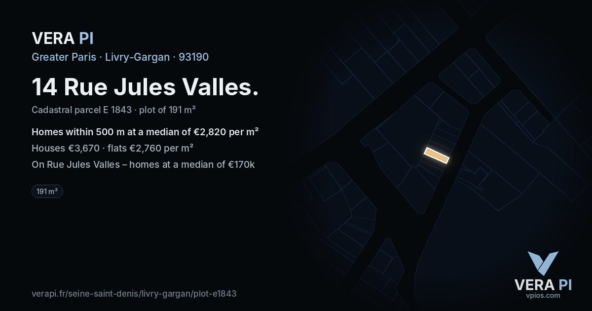 14 Rue Jules Valles, Livry-Gargan at night – the plot lit, the parcels around coloured by the prices near them