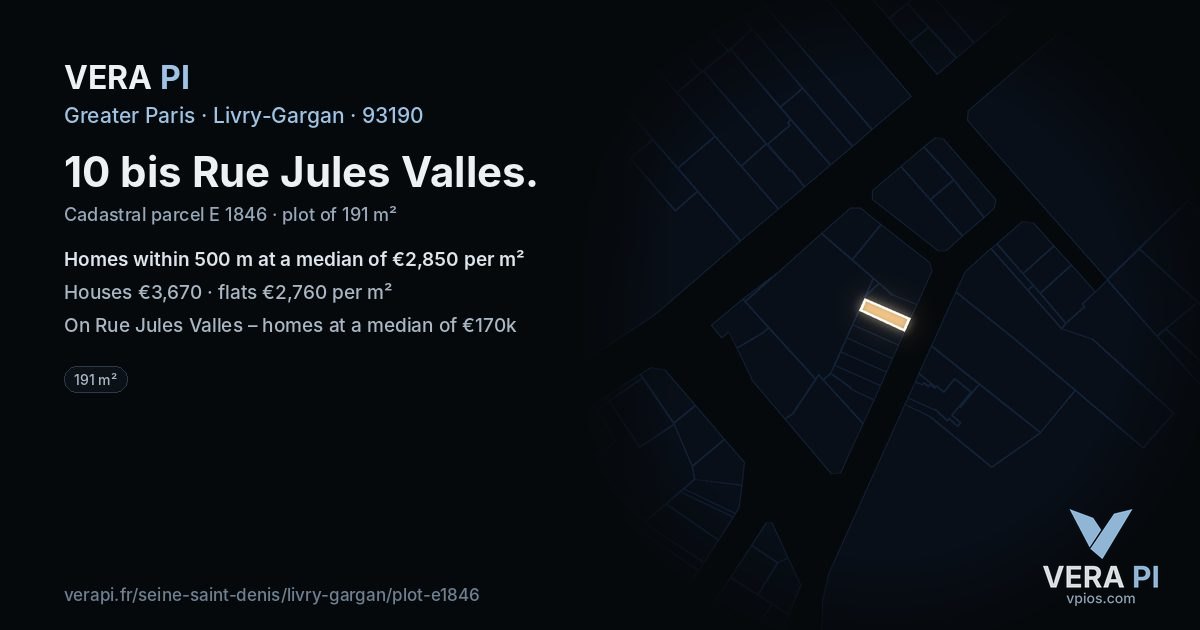 10 bis Rue Jules Valles, Livry-Gargan at night – the plot lit, the parcels around coloured by the prices near them