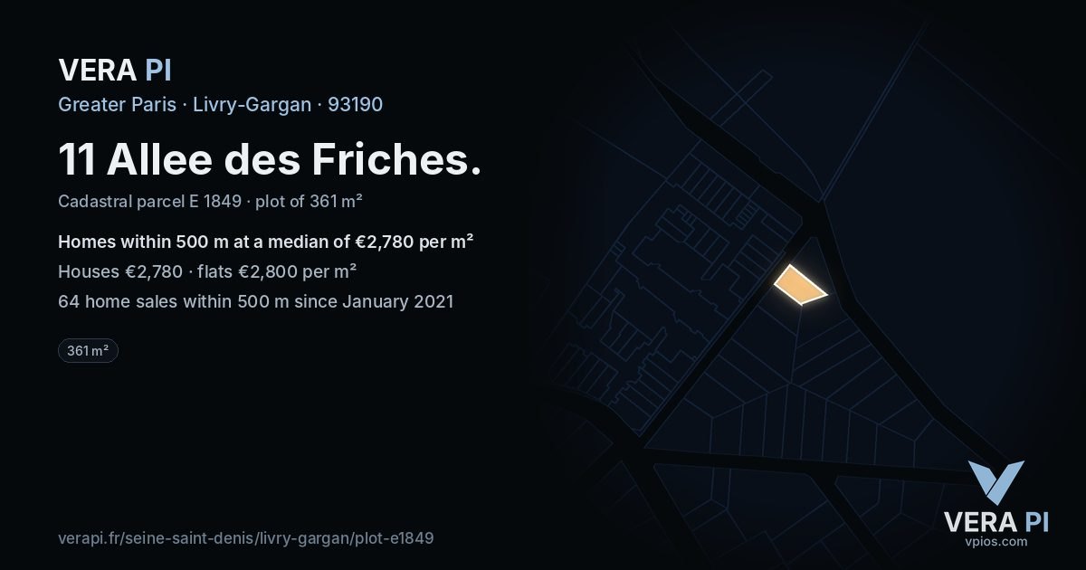 11 Allee des Friches, Livry-Gargan at night – the plot lit, the parcels around coloured by the prices near them
