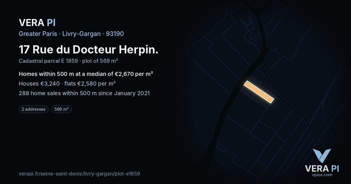 17 Rue du Docteur Herpin, Livry-Gargan at night – the plot lit, the parcels around coloured by the prices near them