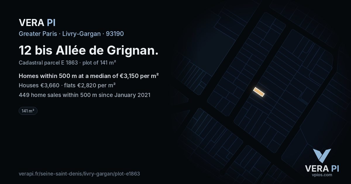 12 bis Allée de Grignan, Livry-Gargan at night – the plot lit, the parcels around coloured by the prices near them