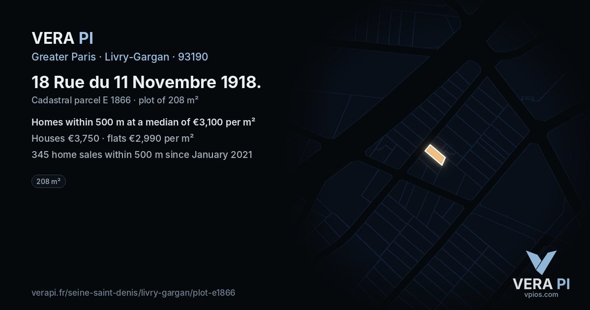18 Rue du 11 Novembre 1918, Livry-Gargan at night – the plot lit, the parcels around coloured by the prices near them