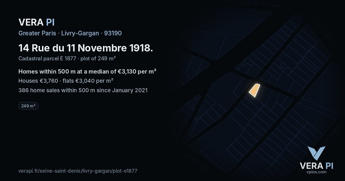 14 Rue du 11 Novembre 1918, Livry-Gargan at night – the plot lit, the parcels around coloured by the prices near them