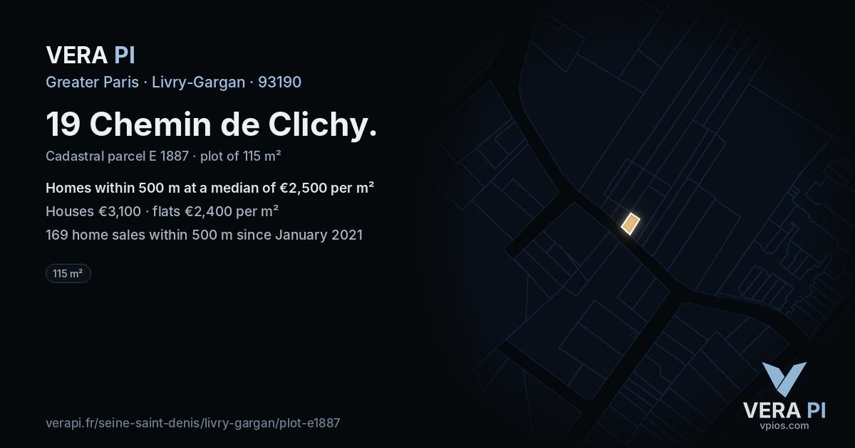 19 Chemin de Clichy, Livry-Gargan at night – the plot lit, the parcels around coloured by the prices near them