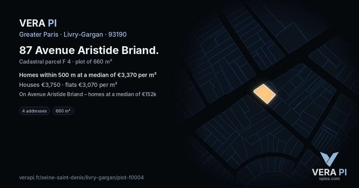 87 Avenue Aristide Briand, Livry-Gargan at night – the plot lit, the parcels around coloured by the prices near them