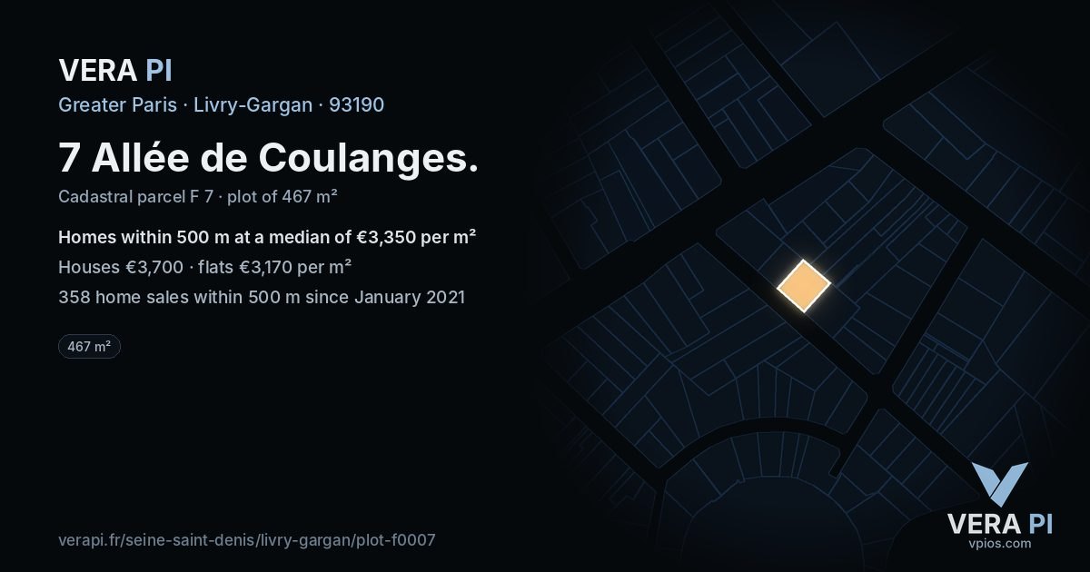 7 Allée de Coulanges, Livry-Gargan at night – the plot lit, the parcels around coloured by the prices near them