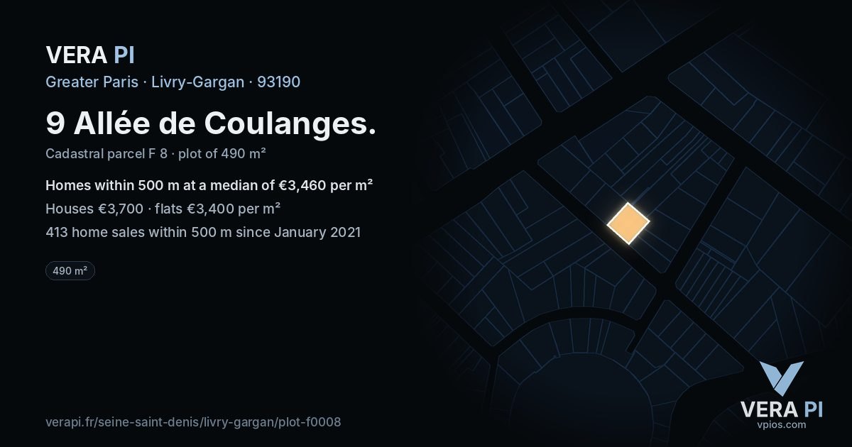 9 Allée de Coulanges, Livry-Gargan at night – the plot lit, the parcels around coloured by the prices near them
