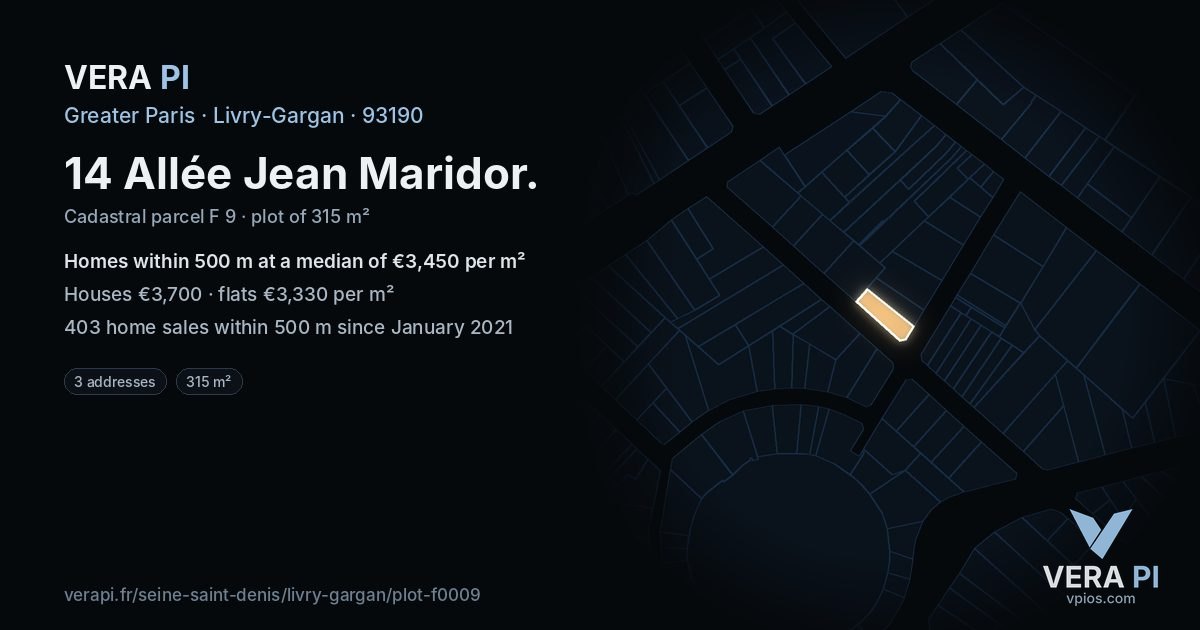 14 Allée Jean Maridor, Livry-Gargan at night – the plot lit, the parcels around coloured by the prices near them