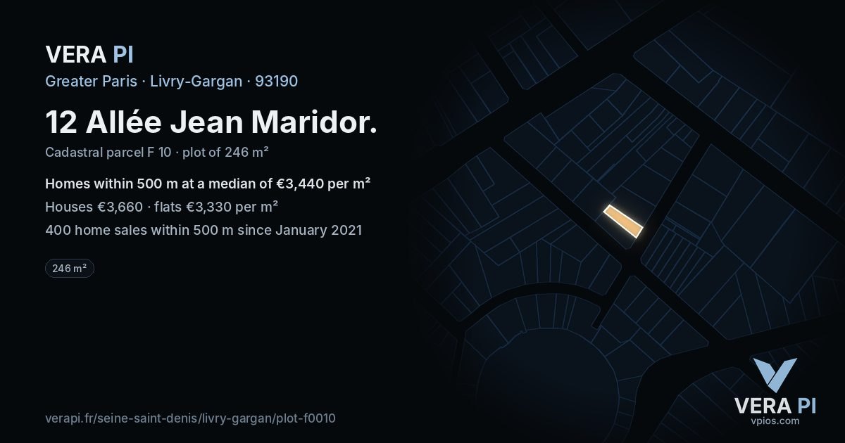 12 Allée Jean Maridor, Livry-Gargan at night – the plot lit, the parcels around coloured by the prices near them