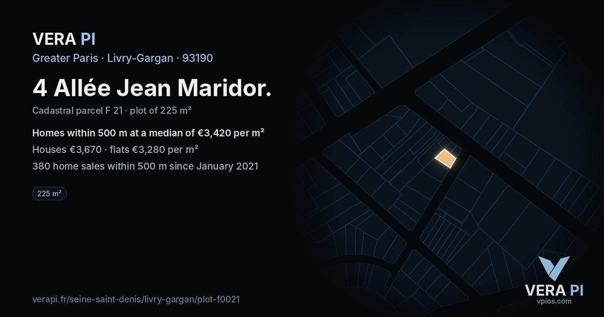 4 Allée Jean Maridor, Livry-Gargan at night – the plot lit, the parcels around coloured by the prices near them