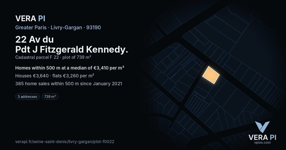 22 Av du Pdt J Fitzgerald Kennedy, Livry-Gargan at night – the plot lit, the parcels around coloured by the prices near them