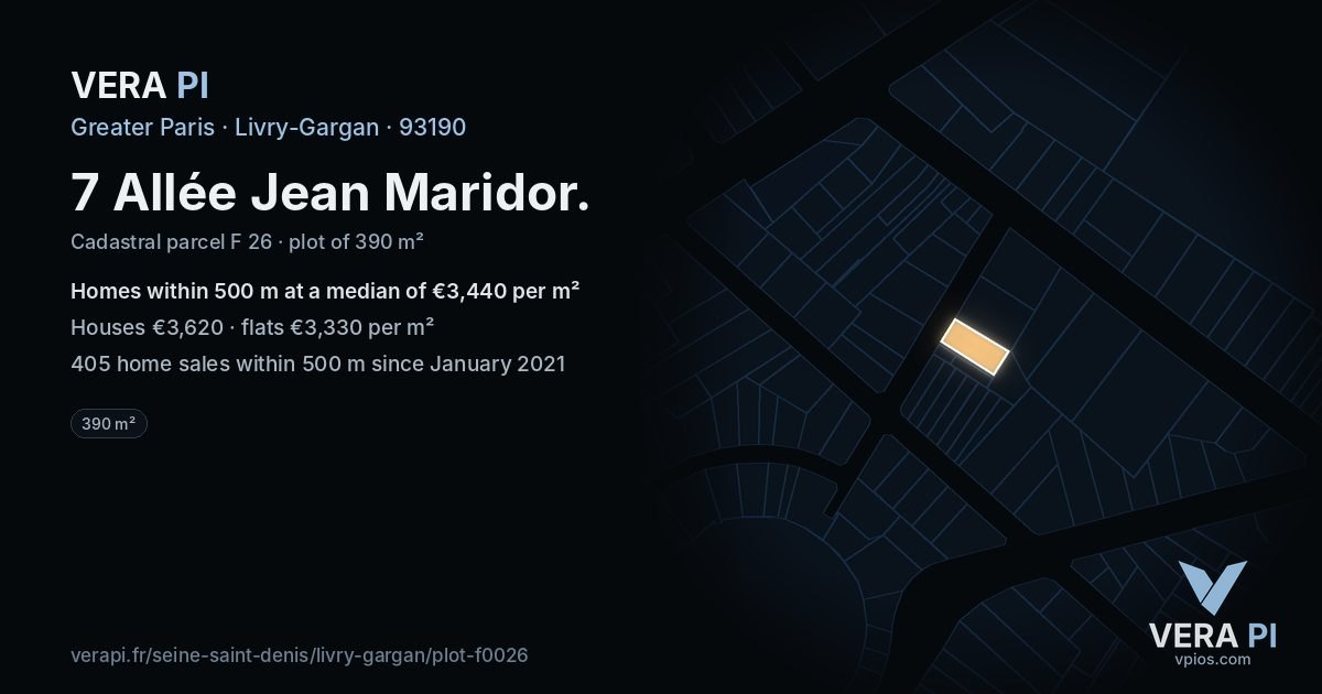 7 Allée Jean Maridor, Livry-Gargan at night – the plot lit, the parcels around coloured by the prices near them