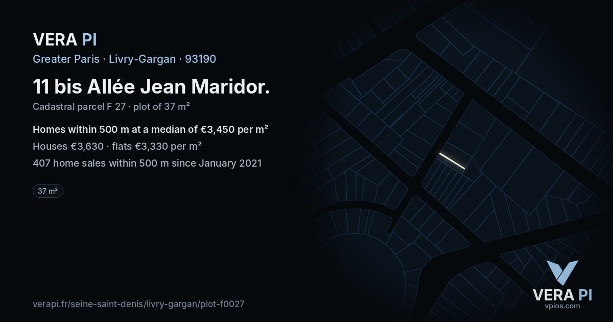 11 bis Allée Jean Maridor, Livry-Gargan at night – the plot lit, the parcels around coloured by the prices near them