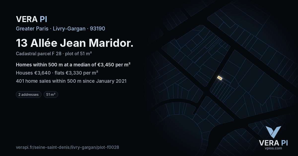 13 Allée Jean Maridor, Livry-Gargan at night – the plot lit, the parcels around coloured by the prices near them