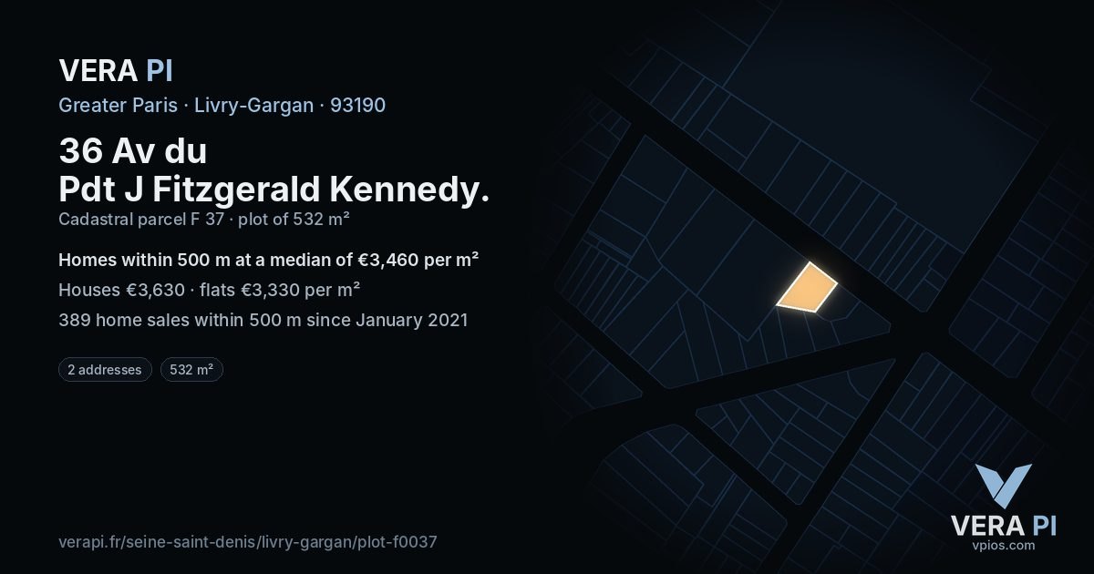 36 Av du Pdt J Fitzgerald Kennedy, Livry-Gargan at night – the plot lit, the parcels around coloured by the prices near them