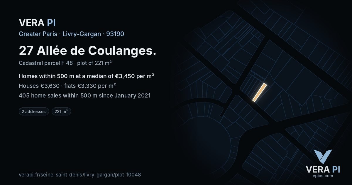 27 Allée de Coulanges, Livry-Gargan at night – the plot lit, the parcels around coloured by the prices near them