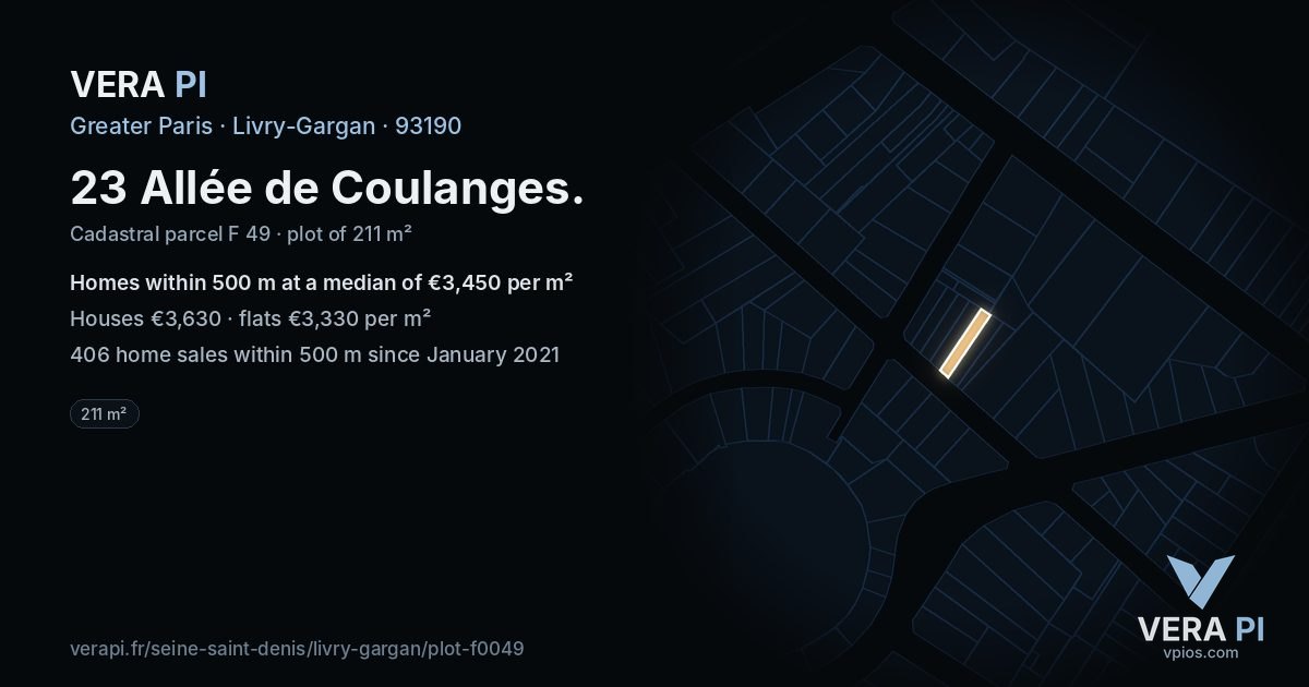 23 Allée de Coulanges, Livry-Gargan at night – the plot lit, the parcels around coloured by the prices near them
