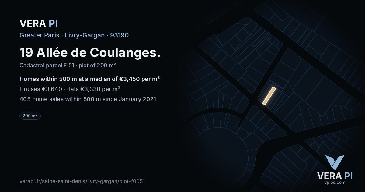 19 Allée de Coulanges, Livry-Gargan at night – the plot lit, the parcels around coloured by the prices near them