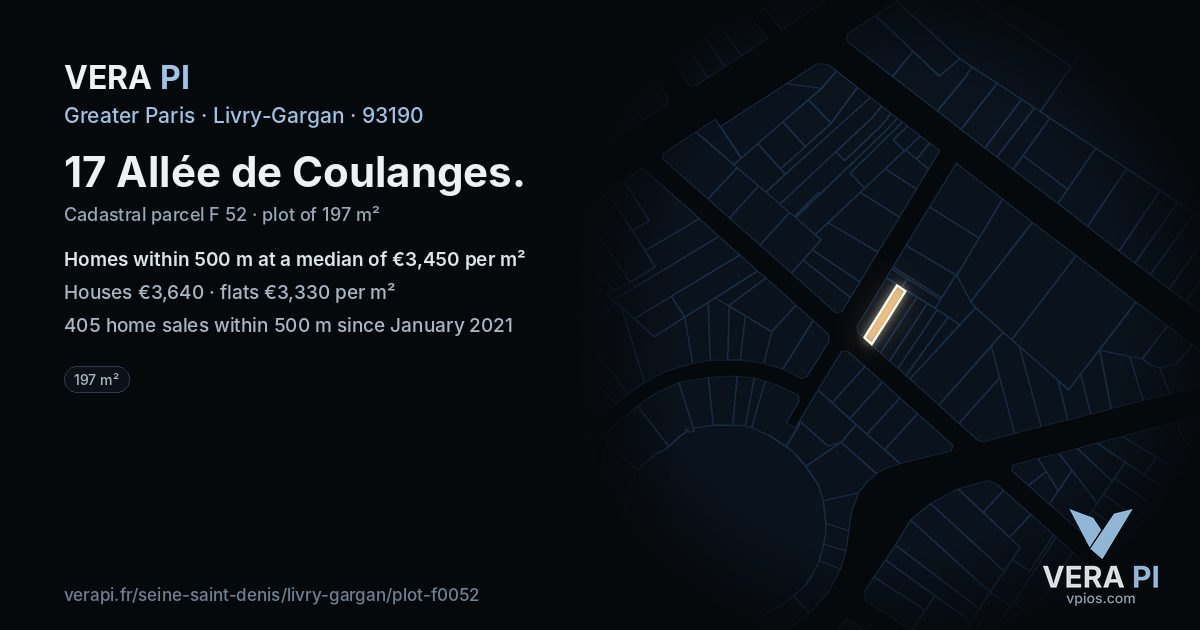 17 Allée de Coulanges, Livry-Gargan at night – the plot lit, the parcels around coloured by the prices near them