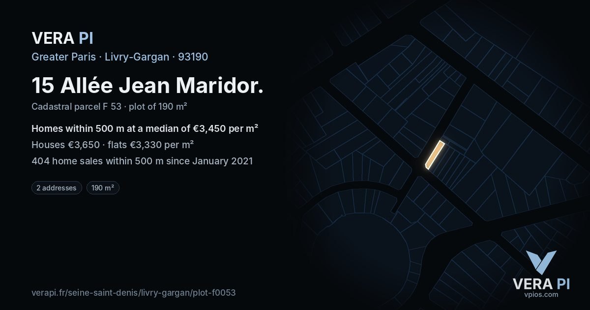 15 Allée Jean Maridor, Livry-Gargan at night – the plot lit, the parcels around coloured by the prices near them