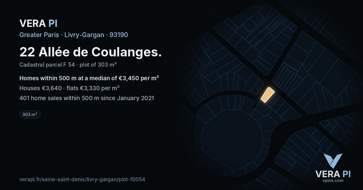22 Allée de Coulanges, Livry-Gargan at night – the plot lit, the parcels around coloured by the prices near them