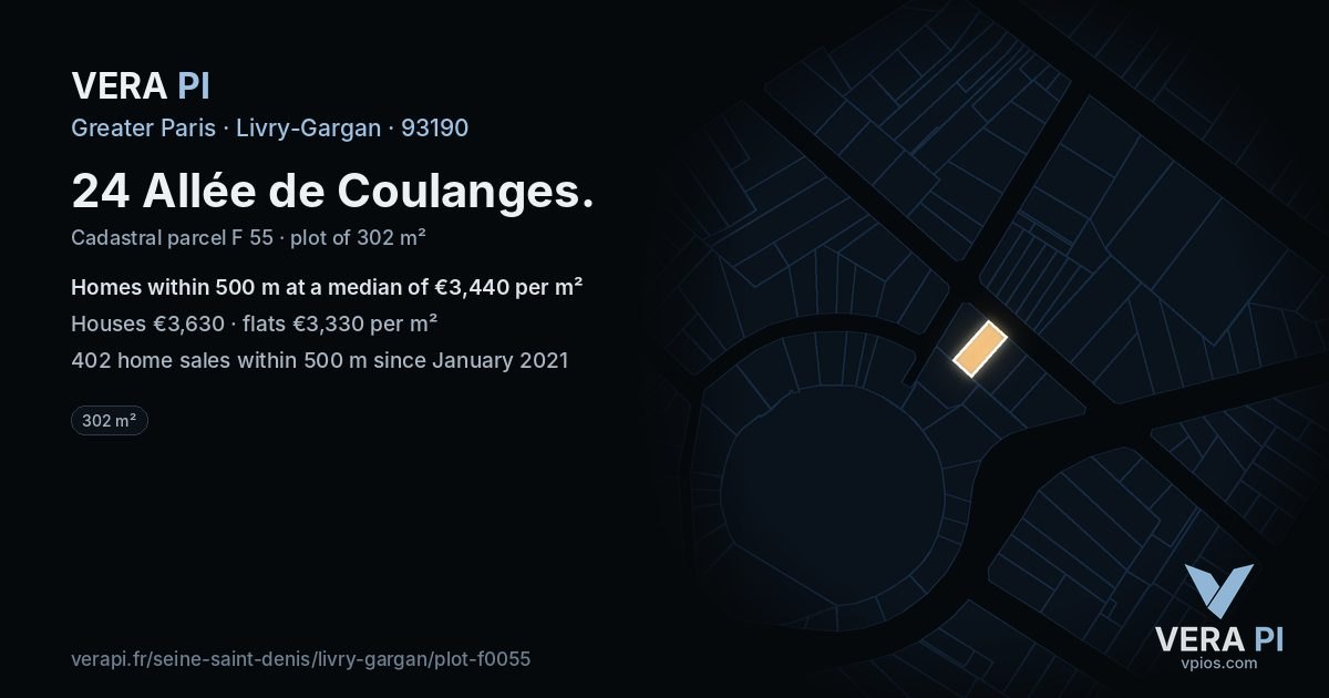 24 Allée de Coulanges, Livry-Gargan at night – the plot lit, the parcels around coloured by the prices near them