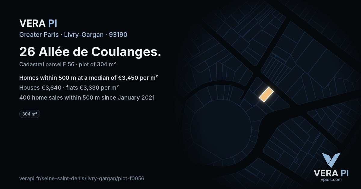 26 Allée de Coulanges, Livry-Gargan at night – the plot lit, the parcels around coloured by the prices near them