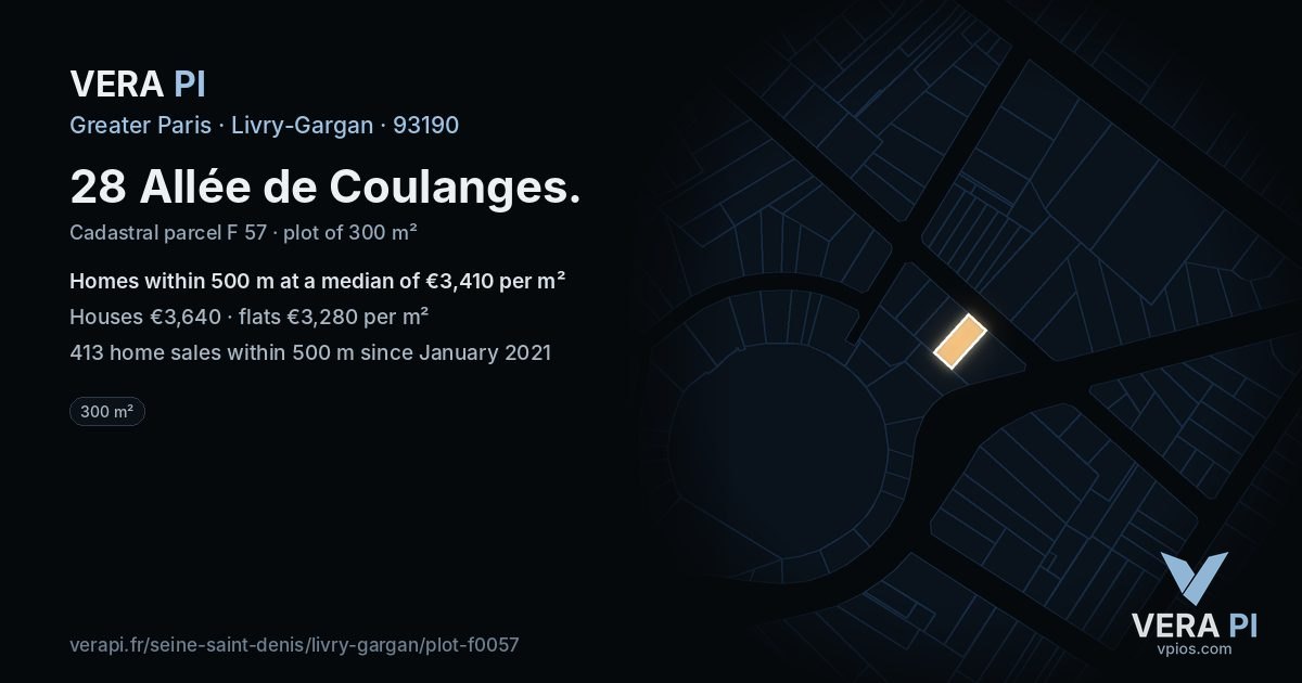28 Allée de Coulanges, Livry-Gargan at night – the plot lit, the parcels around coloured by the prices near them