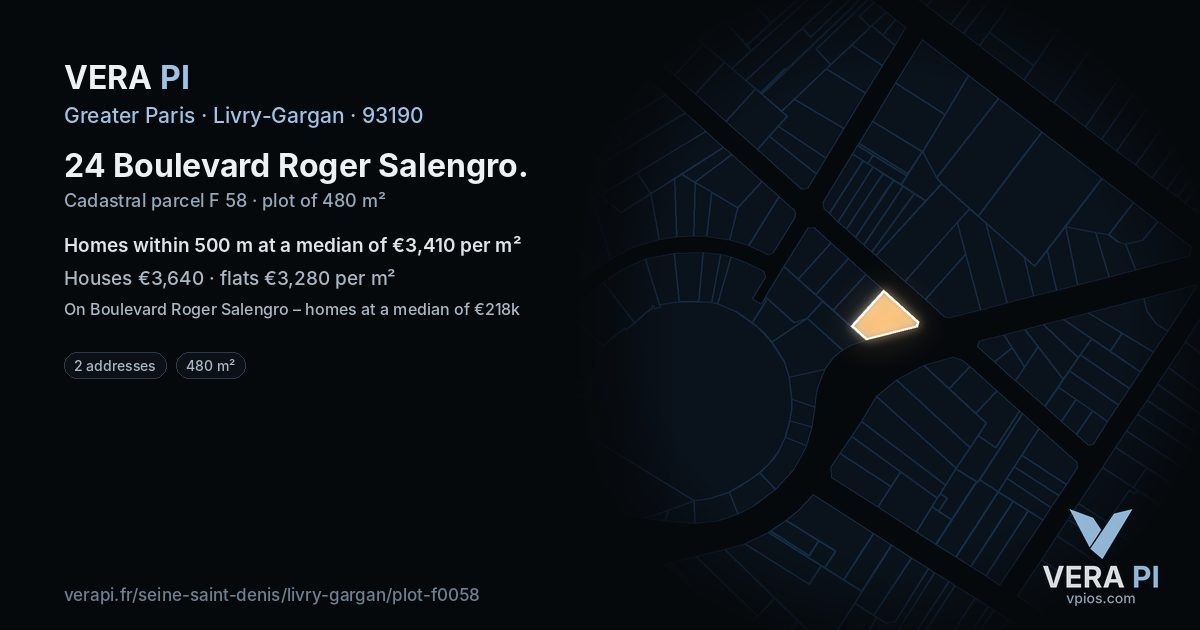 24 Boulevard Roger Salengro, Livry-Gargan at night – the plot lit, the parcels around coloured by the prices near them