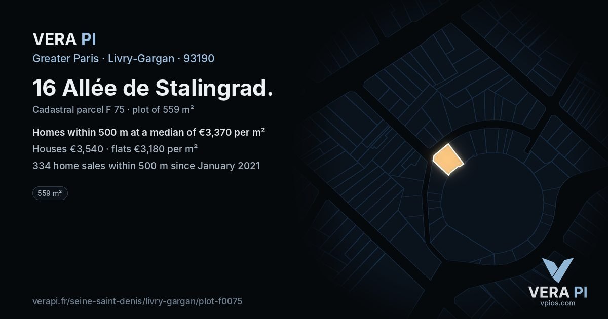 16 Allée de Stalingrad, Livry-Gargan at night – the plot lit, the parcels around coloured by the prices near them
