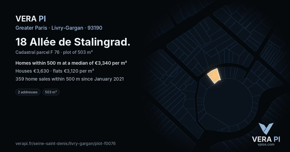 18 Allée de Stalingrad, Livry-Gargan at night – the plot lit, the parcels around coloured by the prices near them