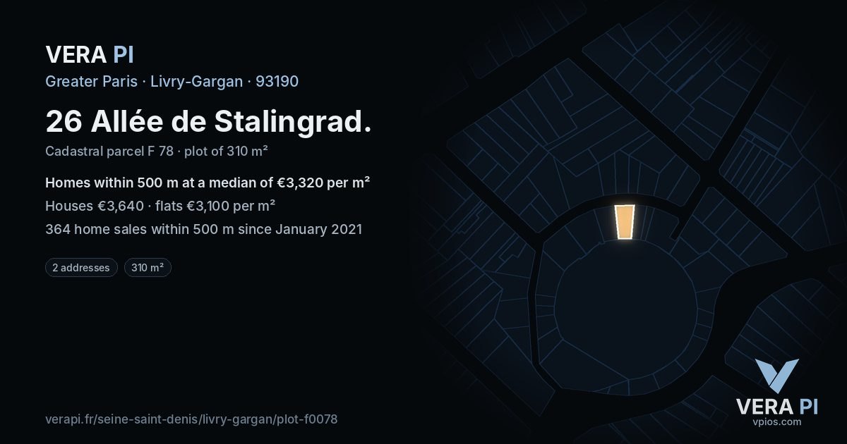 26 Allée de Stalingrad, Livry-Gargan at night – the plot lit, the parcels around coloured by the prices near them