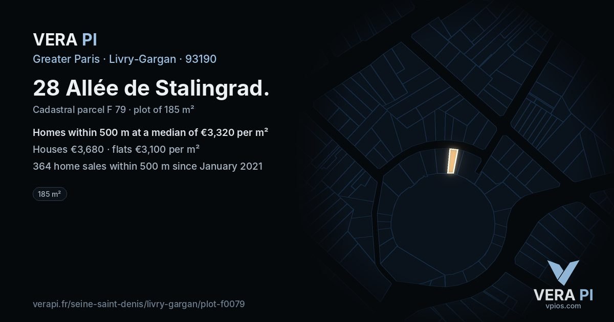 28 Allée de Stalingrad, Livry-Gargan at night – the plot lit, the parcels around coloured by the prices near them