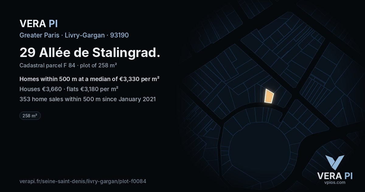 29 Allée de Stalingrad, Livry-Gargan at night – the plot lit, the parcels around coloured by the prices near them