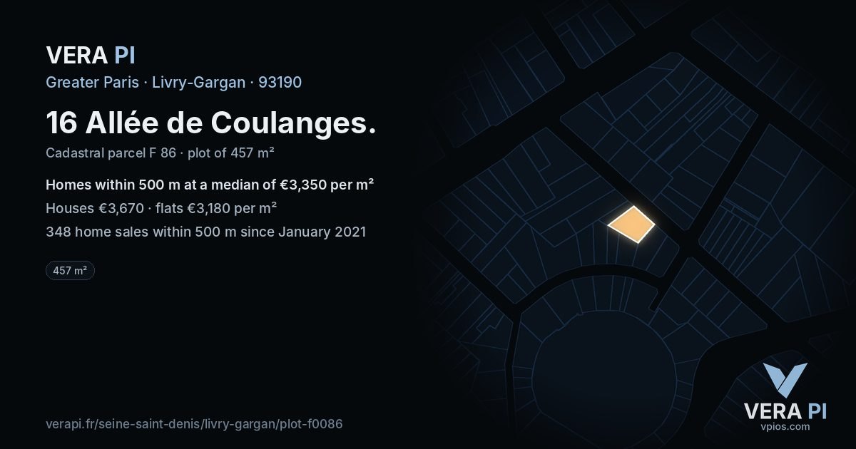 16 Allée de Coulanges, Livry-Gargan at night – the plot lit, the parcels around coloured by the prices near them