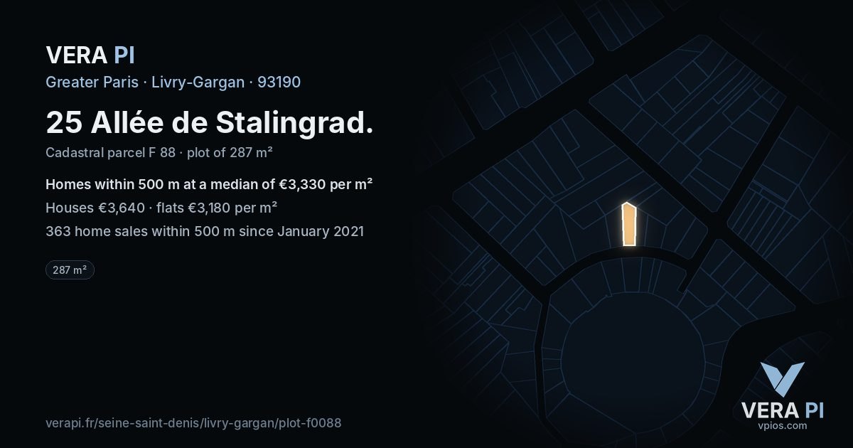 25 Allée de Stalingrad, Livry-Gargan at night – the plot lit, the parcels around coloured by the prices near them