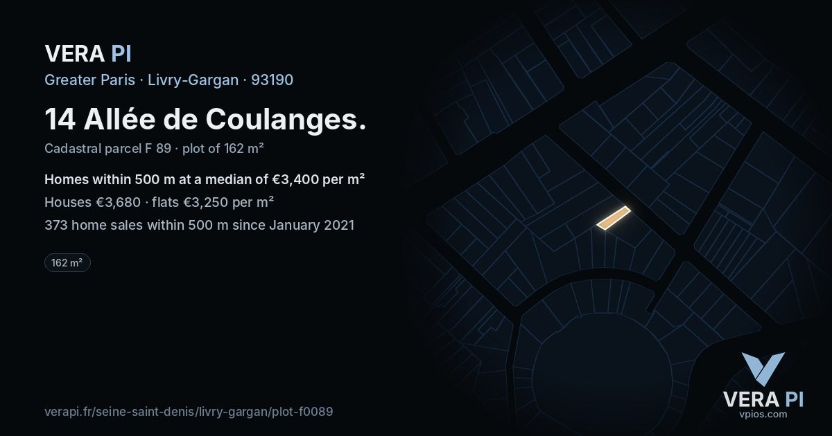 14 Allée de Coulanges, Livry-Gargan at night – the plot lit, the parcels around coloured by the prices near them