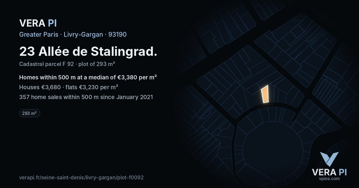 23 Allée de Stalingrad, Livry-Gargan at night – the plot lit, the parcels around coloured by the prices near them