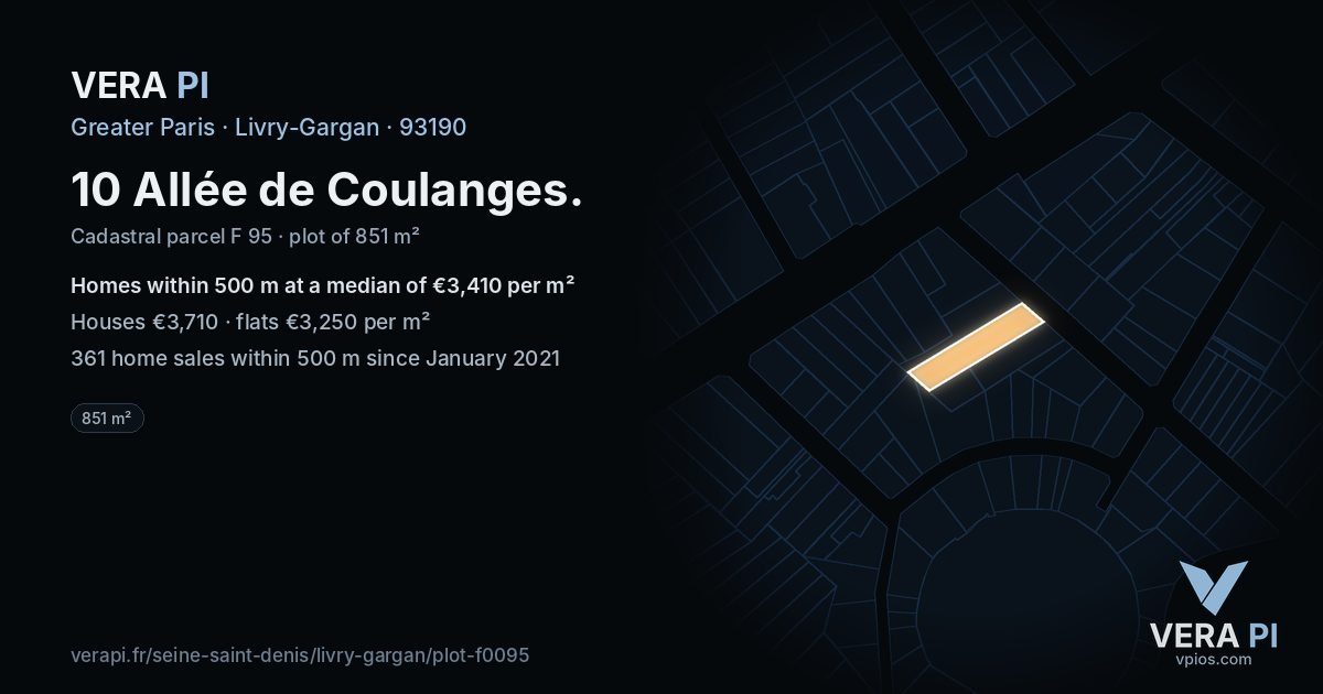 10 Allée de Coulanges, Livry-Gargan at night – the plot lit, the parcels around coloured by the prices near them