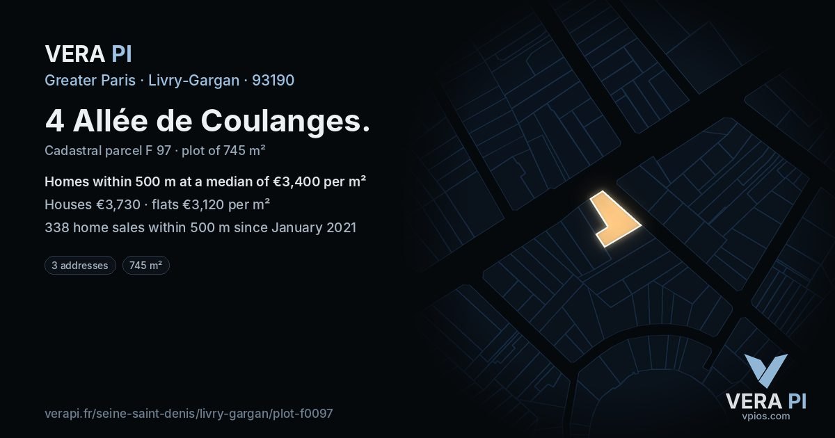 4 Allée de Coulanges, Livry-Gargan at night – the plot lit, the parcels around coloured by the prices near them