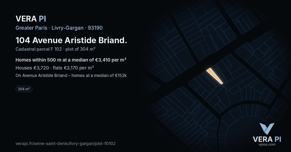 104 Avenue Aristide Briand, Livry-Gargan at night – the plot lit, the parcels around coloured by the prices near them