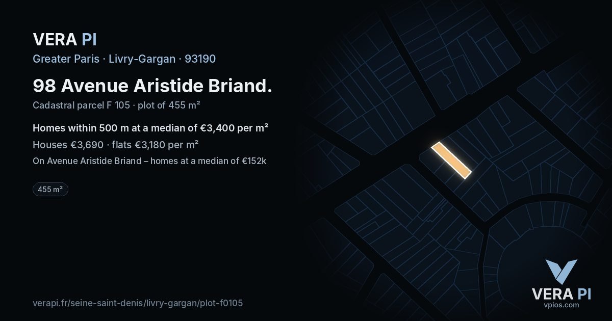 98 Avenue Aristide Briand, Livry-Gargan at night – the plot lit, the parcels around coloured by the prices near them
