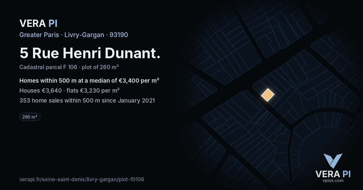 5 Rue Henri Dunant, Livry-Gargan at night – the plot lit, the parcels around coloured by the prices near them