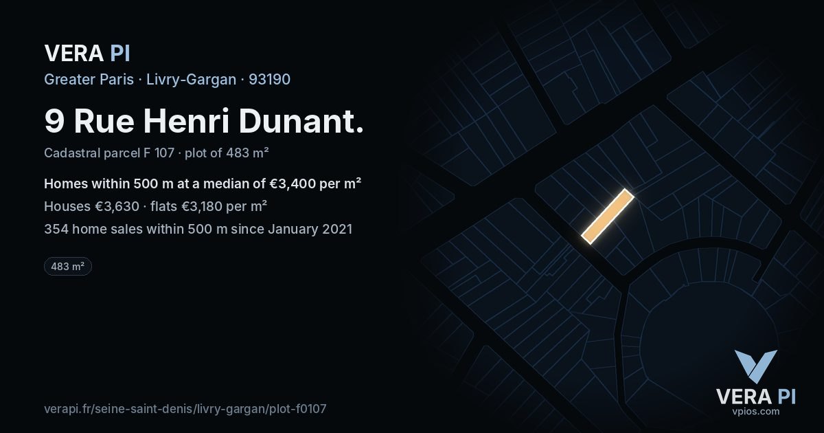 9 Rue Henri Dunant, Livry-Gargan at night – the plot lit, the parcels around coloured by the prices near them