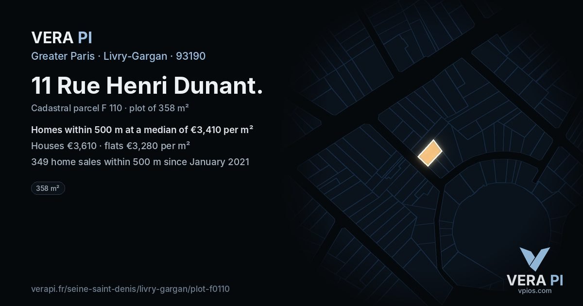 11 Rue Henri Dunant, Livry-Gargan at night – the plot lit, the parcels around coloured by the prices near them