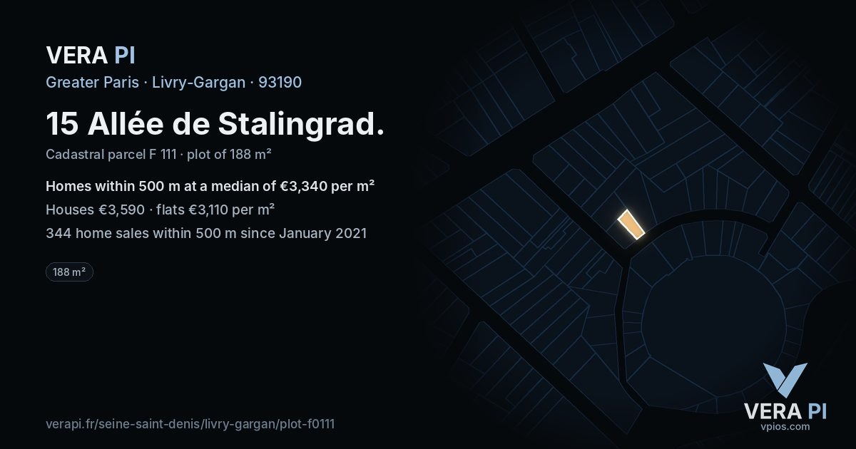 15 Allée de Stalingrad, Livry-Gargan at night – the plot lit, the parcels around coloured by the prices near them