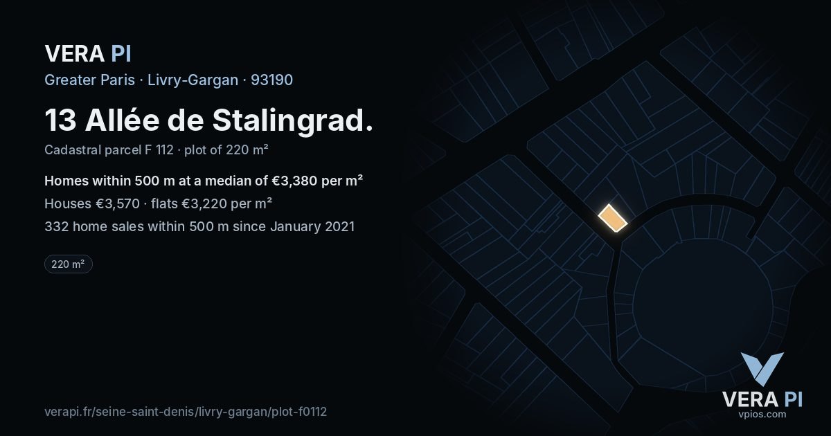 13 Allée de Stalingrad, Livry-Gargan at night – the plot lit, the parcels around coloured by the prices near them