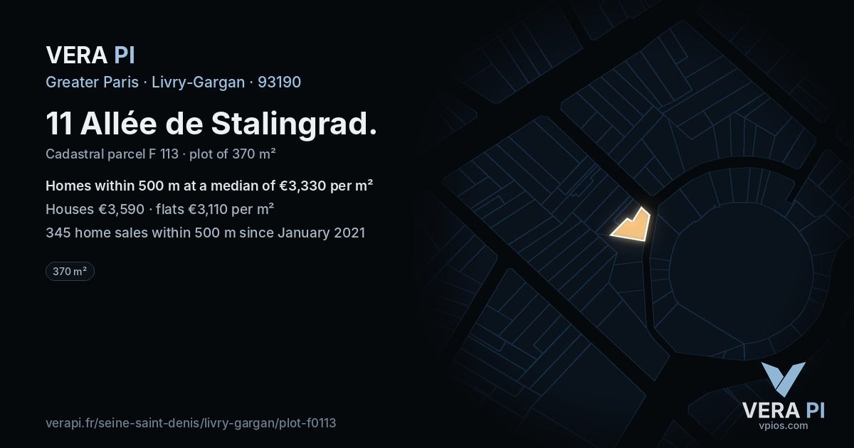 11 Allée de Stalingrad, Livry-Gargan at night – the plot lit, the parcels around coloured by the prices near them