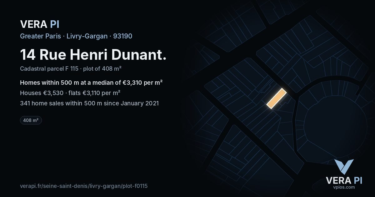 14 Rue Henri Dunant, Livry-Gargan at night – the plot lit, the parcels around coloured by the prices near them